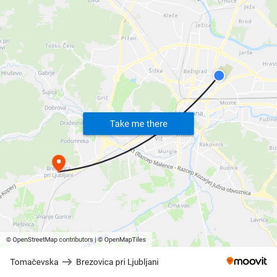 Tomačevska to Brezovica pri Ljubljani map
