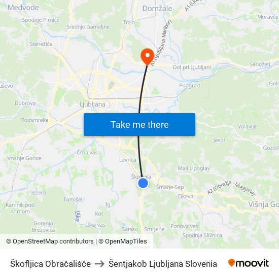 Škofljica Obračališče to Šentjakob Ljubljana Slovenia map