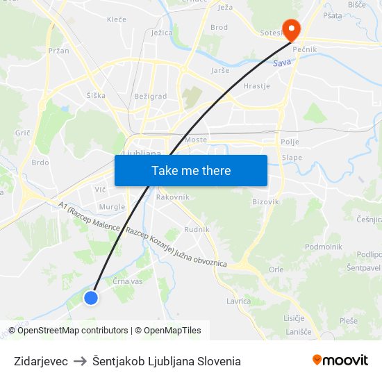 Zidarjevec to Šentjakob Ljubljana Slovenia map