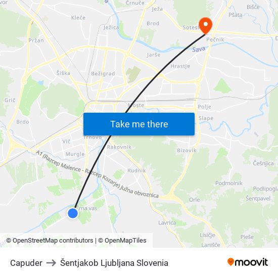 Capuder to Šentjakob Ljubljana Slovenia map