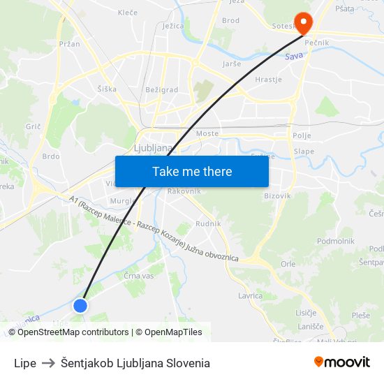 Lipe to Šentjakob Ljubljana Slovenia map