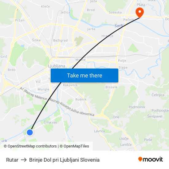 Rutar to Brinje Dol pri Ljubljani Slovenia map