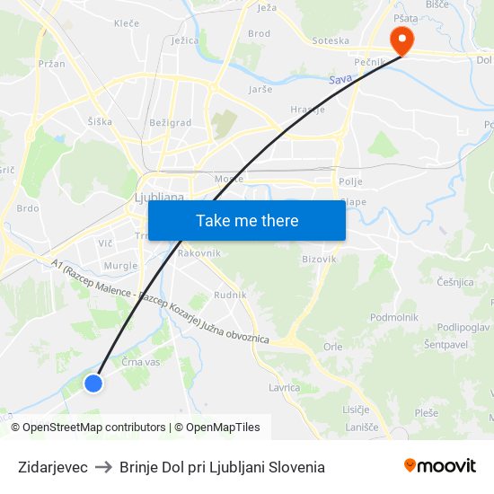 Zidarjevec to Brinje Dol pri Ljubljani Slovenia map