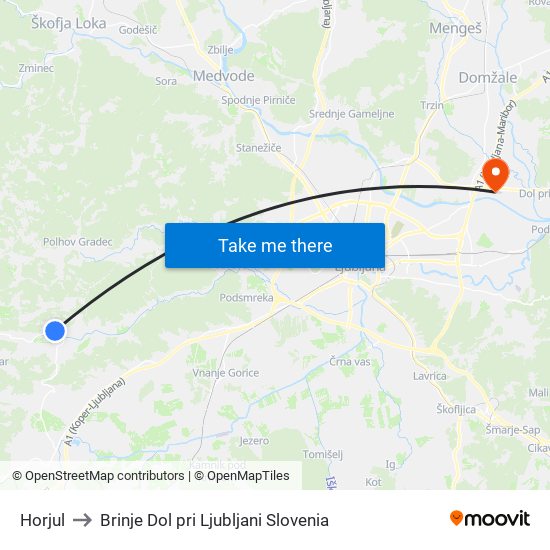 Horjul to Brinje Dol pri Ljubljani Slovenia map