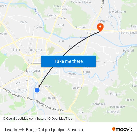 Livada to Brinje Dol pri Ljubljani Slovenia map
