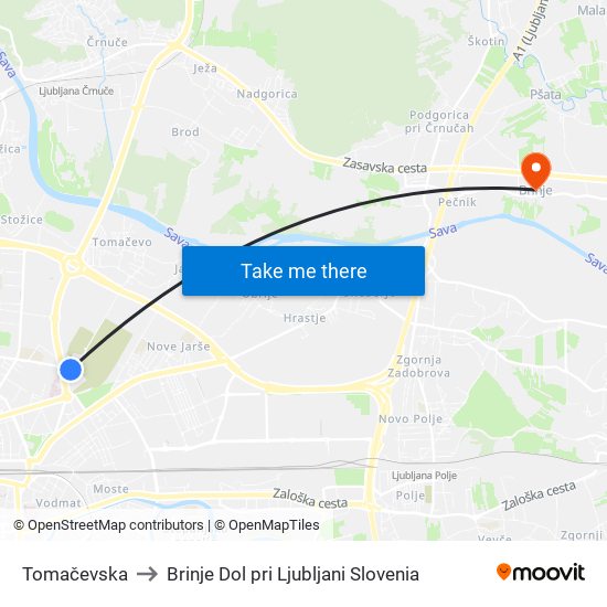 Tomačevska to Brinje Dol pri Ljubljani Slovenia map