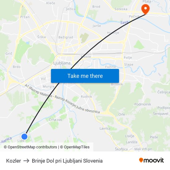 Kozler to Brinje Dol pri Ljubljani Slovenia map