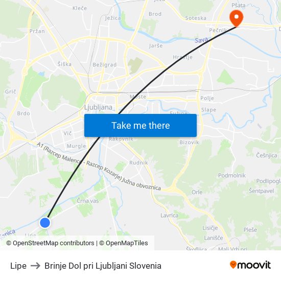 Lipe to Brinje Dol pri Ljubljani Slovenia map