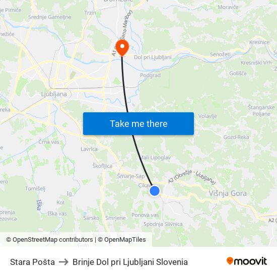 Stara Pošta to Brinje Dol pri Ljubljani Slovenia map