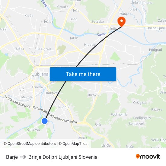 Barje to Brinje Dol pri Ljubljani Slovenia map
