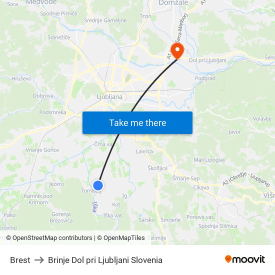 Brest to Brinje Dol pri Ljubljani Slovenia map