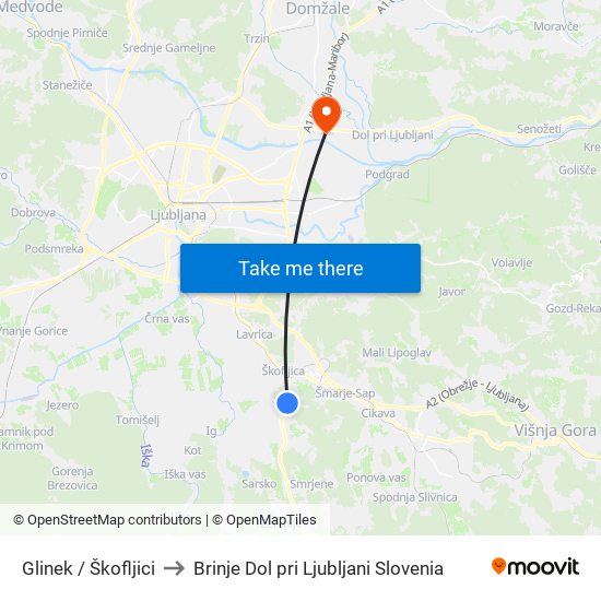 Glinek / Škofljici to Brinje Dol pri Ljubljani Slovenia map