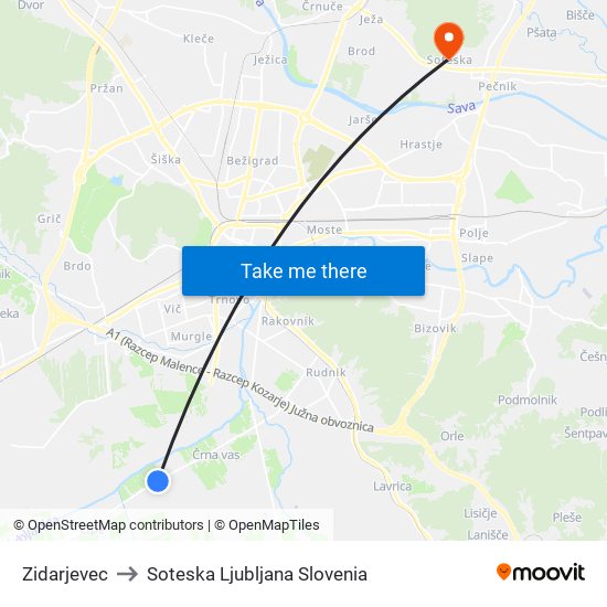 Zidarjevec to Soteska Ljubljana Slovenia map