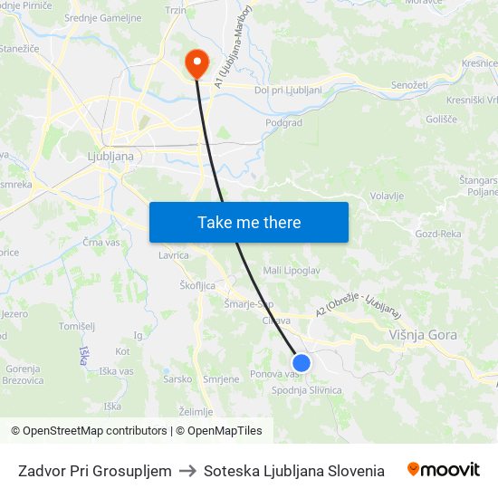 Zadvor Pri Grosupljem to Soteska Ljubljana Slovenia map