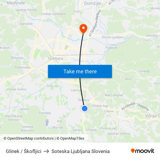 Glinek / Škofljici to Soteska Ljubljana Slovenia map