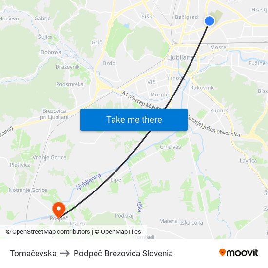 Tomačevska to Podpeč Brezovica Slovenia map