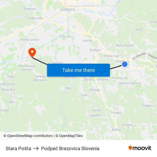 Stara Pošta to Podpeč Brezovica Slovenia map