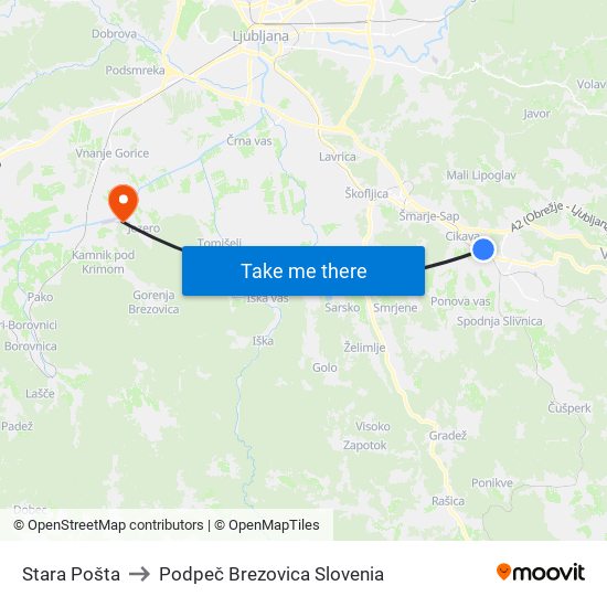 Stara Pošta to Podpeč Brezovica Slovenia map