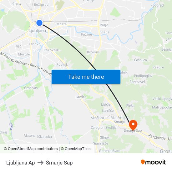 Ljubljana Ap to Šmarje Sap map