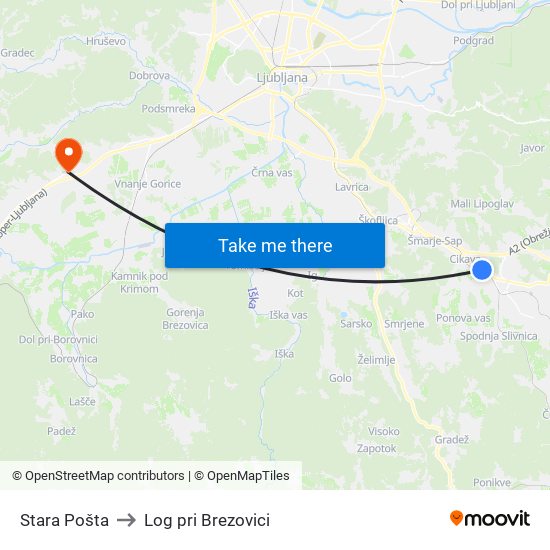 Stara Pošta to Log pri Brezovici map