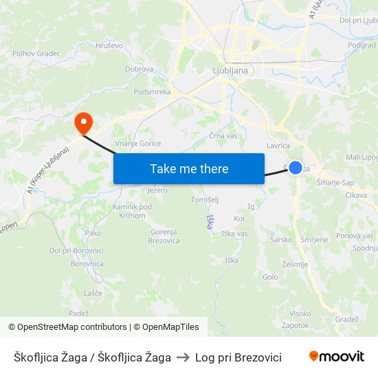 Škofljica Žaga / Škofljica Žaga to Log pri Brezovici map