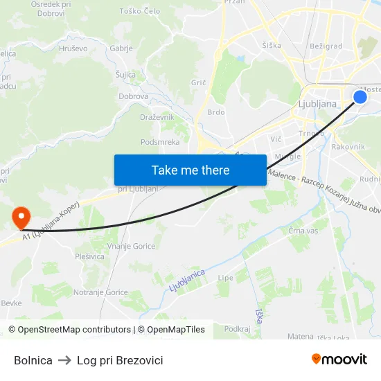 Bolnica to Log pri Brezovici map