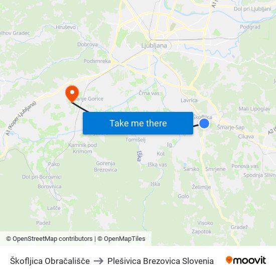 Škofljica Obračališče to Plešivica Brezovica Slovenia map