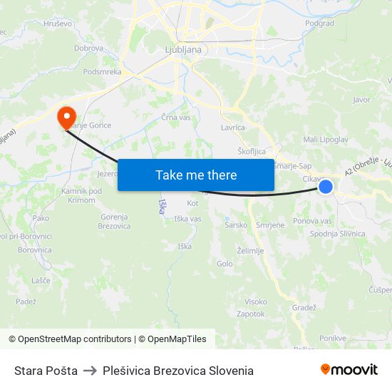 Stara Pošta to Plešivica Brezovica Slovenia map