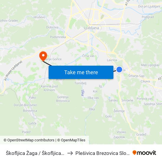 Škofljica Žaga / Škofljica Žaga to Plešivica Brezovica Slovenia map