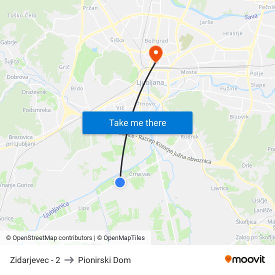 Zidarjevec - 2 to Pionirski Dom map