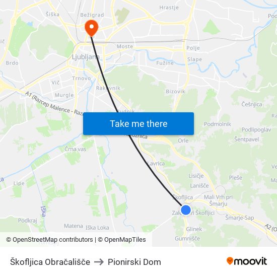 Škofljica Obračališče to Pionirski Dom map