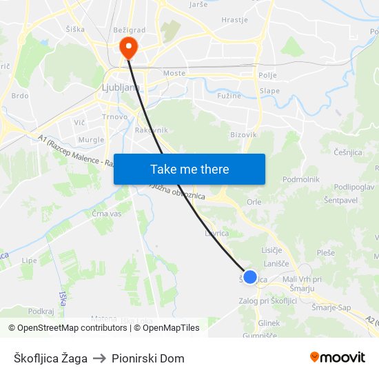 Škofljica Žaga to Pionirski Dom map
