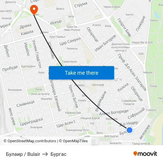 Булаир / Bulair to Бургас map