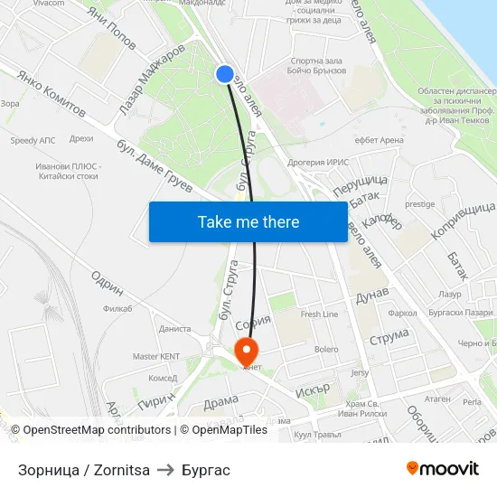 Зорница / Zornitsa to Бургас map