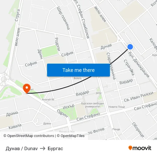 Дунав / Dunav to Бургас map