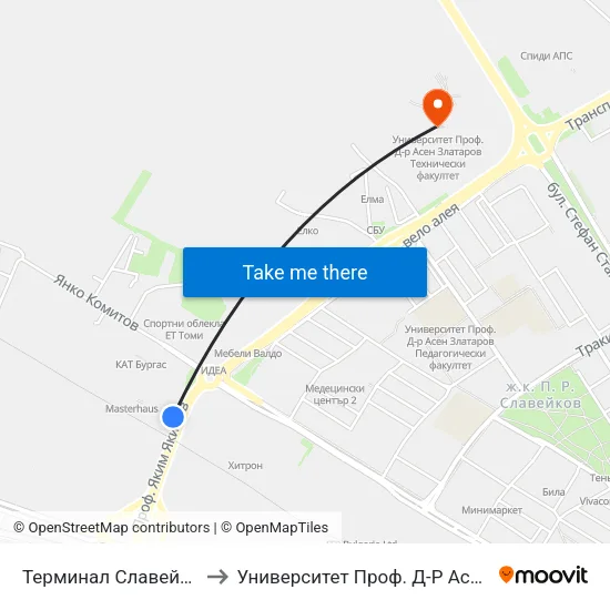 Терминал Славейков / Slaveykov Terminus to Университет Проф. Д-Р Асен Златаров Технически Факултет map