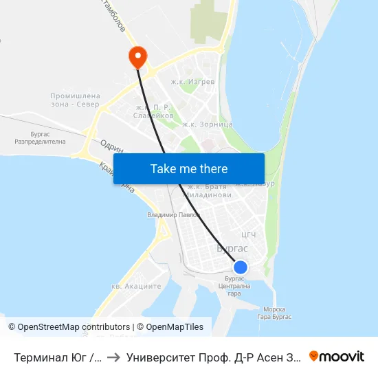 Терминал Юг / South Terminus to Университет Проф. Д-Р Асен Златаров Технически Факултет map