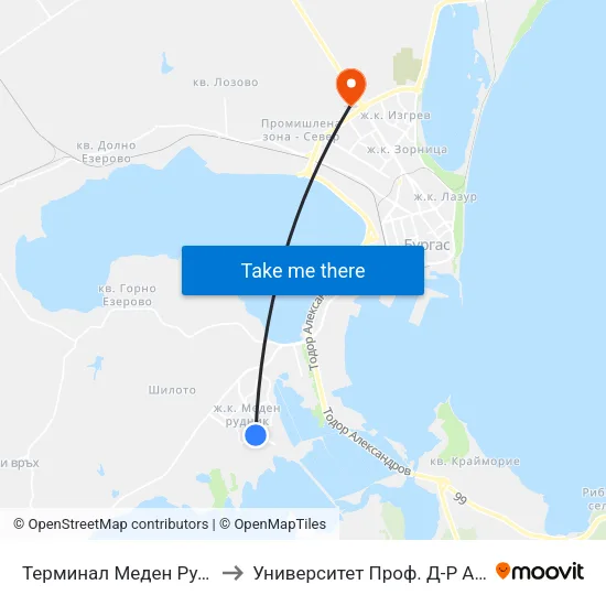 Терминал Меден Рудник / Meden Rudnik Terminus to Университет Проф. Д-Р Асен Златаров Технически Факултет map