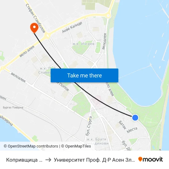 Копривщица / Koprivshtitsa to Университет Проф. Д-Р Асен Златаров Технически Факултет map