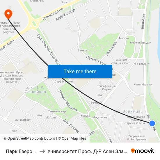 Парк Езеро / Ezero Park to Университет Проф. Д-Р Асен Златаров Технически Факултет map