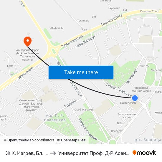 Ж.К. Изгрев, Бл. 43 / Izgrev Qr, Bl. 43 to Университет Проф. Д-Р Асен Златаров Технически Факултет map