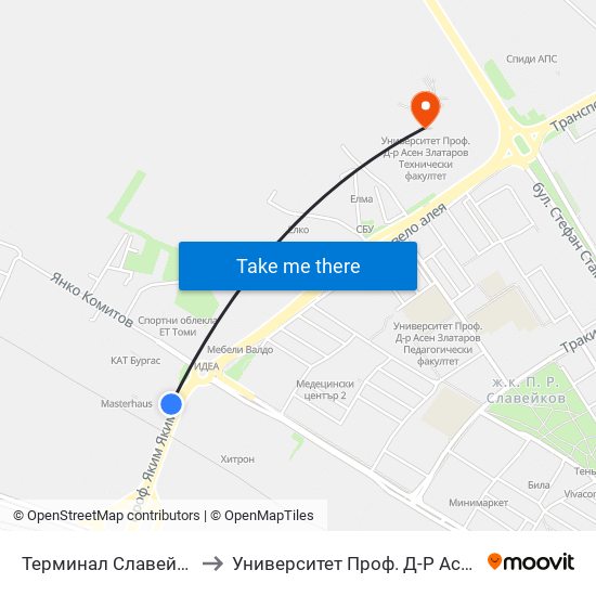 Терминал Славейков / Slaveykov Terminus to Университет Проф. Д-Р Асен Златаров Технически Факултет map