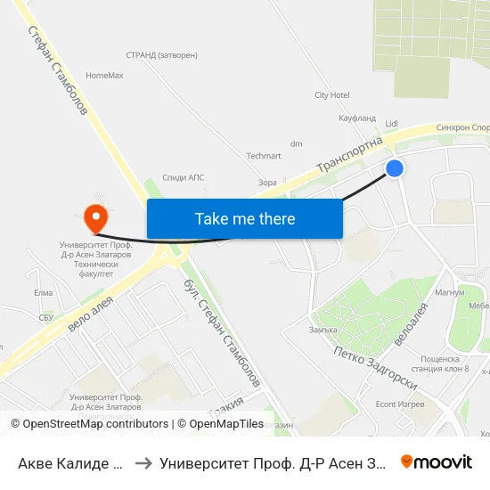 Акве Калиде / Aquae Calidae to Университет Проф. Д-Р Асен Златаров Технически Факултет map