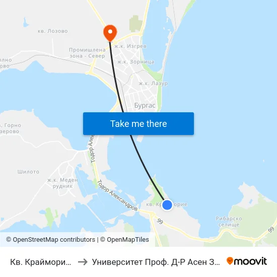 Кв. Крайморие / Kraymorie Qr. to Университет Проф. Д-Р Асен Златаров Технически Факултет map