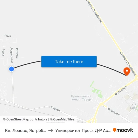 Кв. Лозово, Ястребино / Lovozo Qr, Yastrebino to Университет Проф. Д-Р Асен Златаров Технически Факултет map