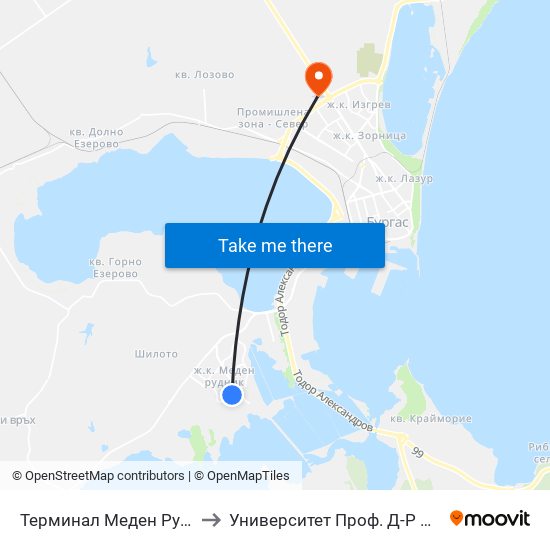 Терминал Меден Рудник / Meden Rudnik Terminus to Университет Проф. Д-Р Асен Златаров Технически Факултет map