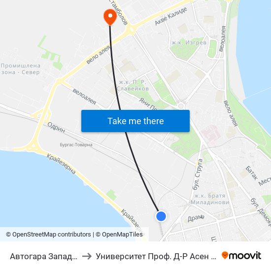 Автогара Запад / West Bus Station to Университет Проф. Д-Р Асен Златаров Технически Факултет map