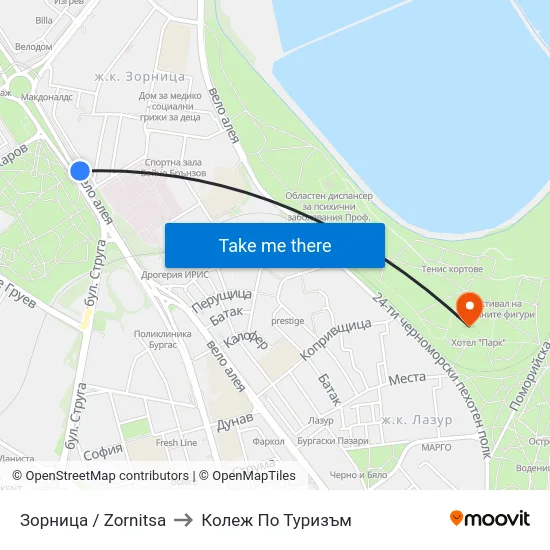 Зорница / Zornitsa to Колеж По Туризъм map