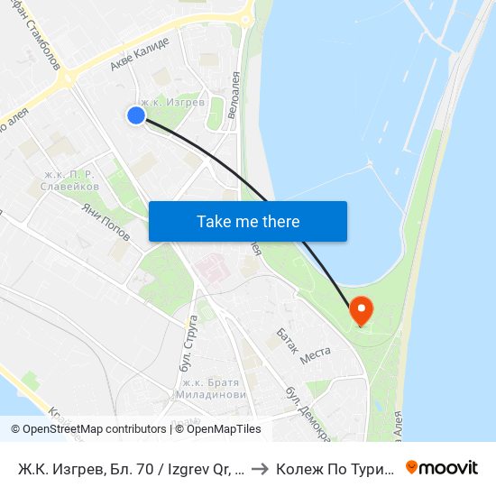 Ж.К. Изгрев, Бл. 70 / Izgrev Qr, Bl. 70 to Колеж По Туризъм map