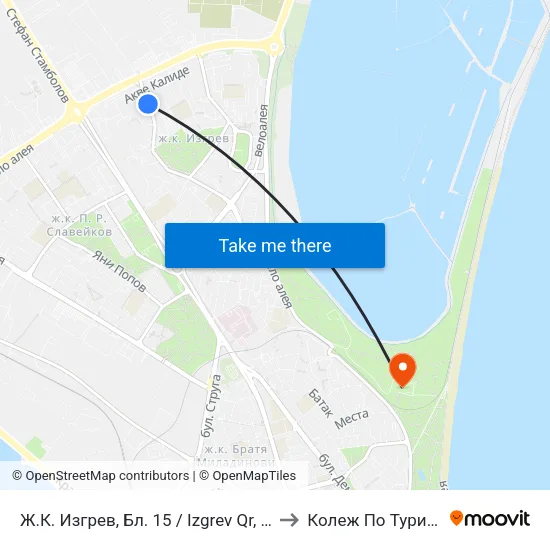 Ж.К. Изгрев, Бл. 15 / Izgrev Qr, Bl. 15 to Колеж По Туризъм map